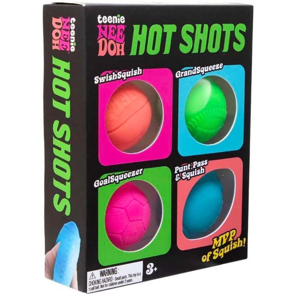 Schylling NeeDoh Hot Shot Teenie four pack sensory squeeze toy front retail box packaging