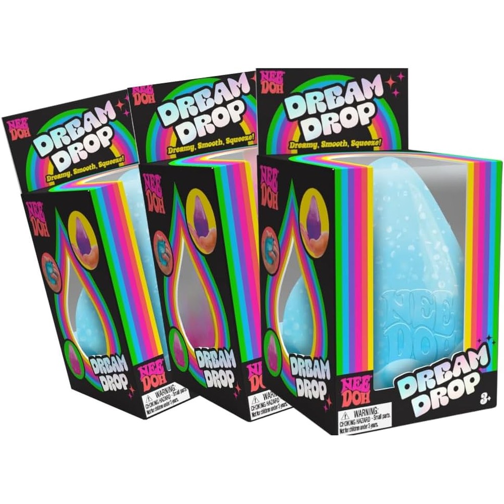 Schylling NeeDoh Dream Drop 3 Pack front view showing three assorted colors on display stands.