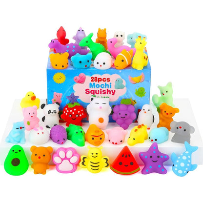 Spolux mochi squishy toys twenty-eight pack front view showing assorted animal designs and matching gift cards.