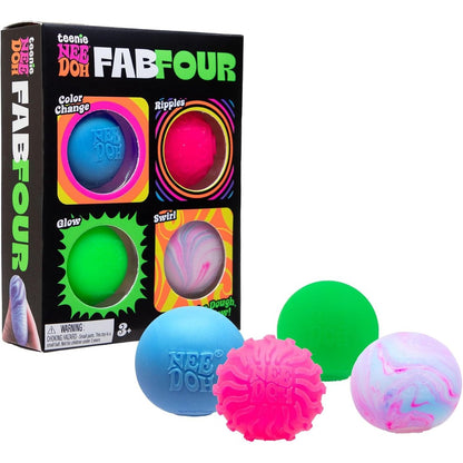 Schylling NeeDoh Teenie Fab Four Pack front view showing four colorful sensory squeeze toys in packaging