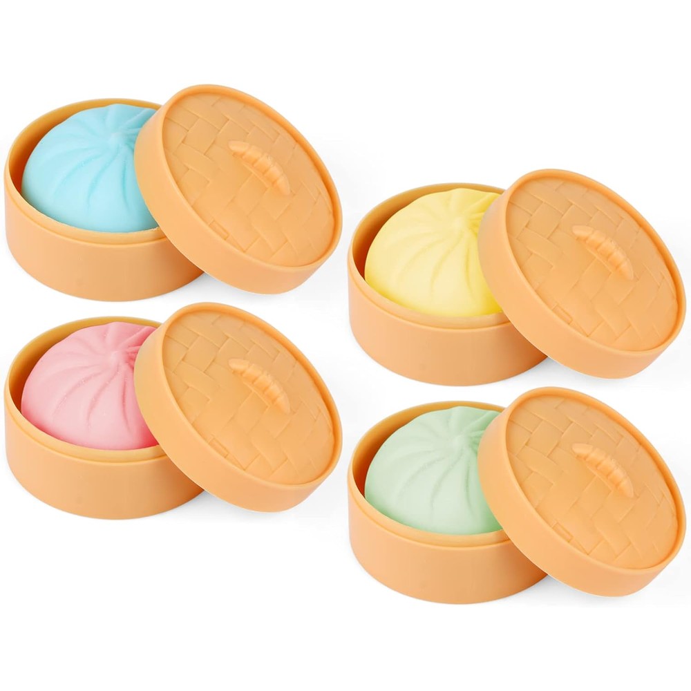 MEIEST colorful dumpling stress balls front view showcasing four vibrant fidget sensory toys inside mini food steamers