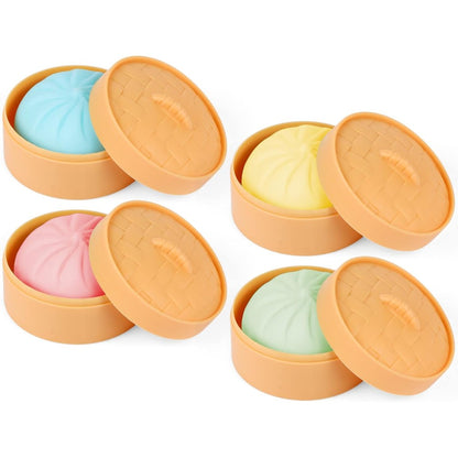 MEIEST colorful dumpling stress balls front view showcasing four vibrant fidget sensory toys inside mini food steamers