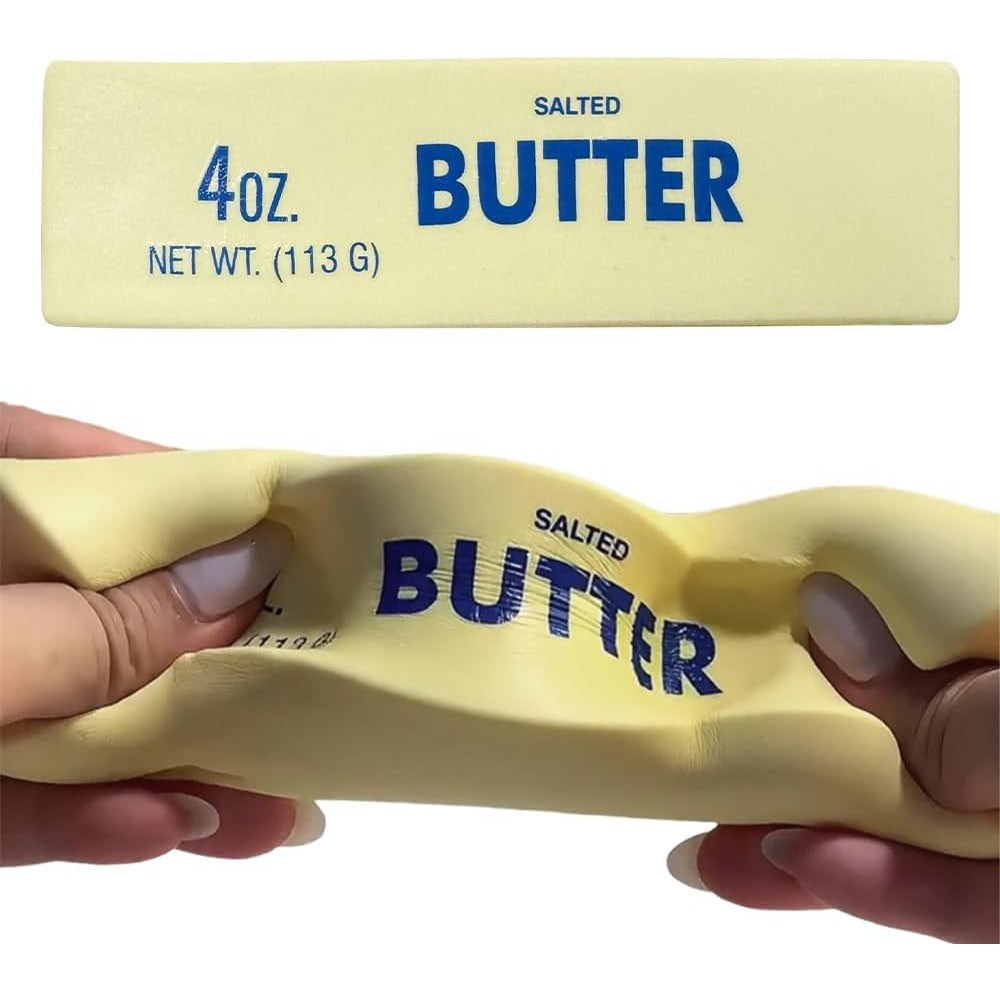 Kamoji butter squeeze stress ball front view showcasing realistic beige color design.