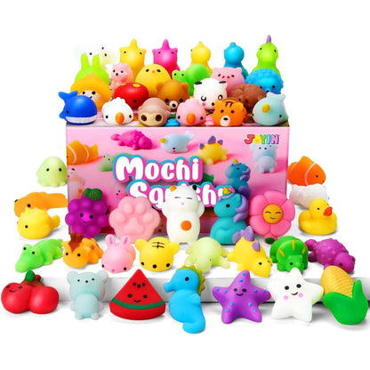 JOYIN Easter Mochi Squishy Toys Set front view featuring twenty five colorful mini animal and fruit toys.