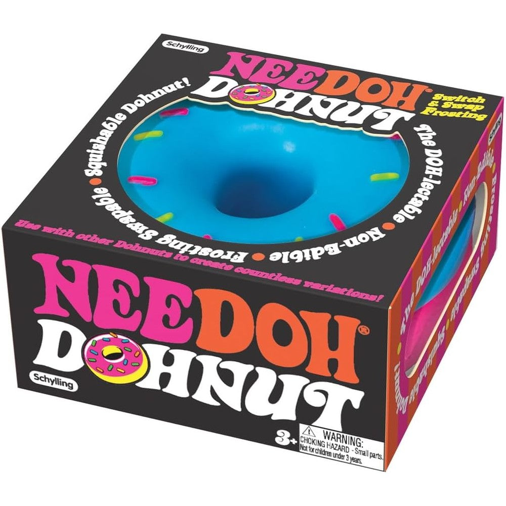 Schylling NeeDoh Dohnuts sensory fidget toy front view showing bright neon donut with removable pink icing.