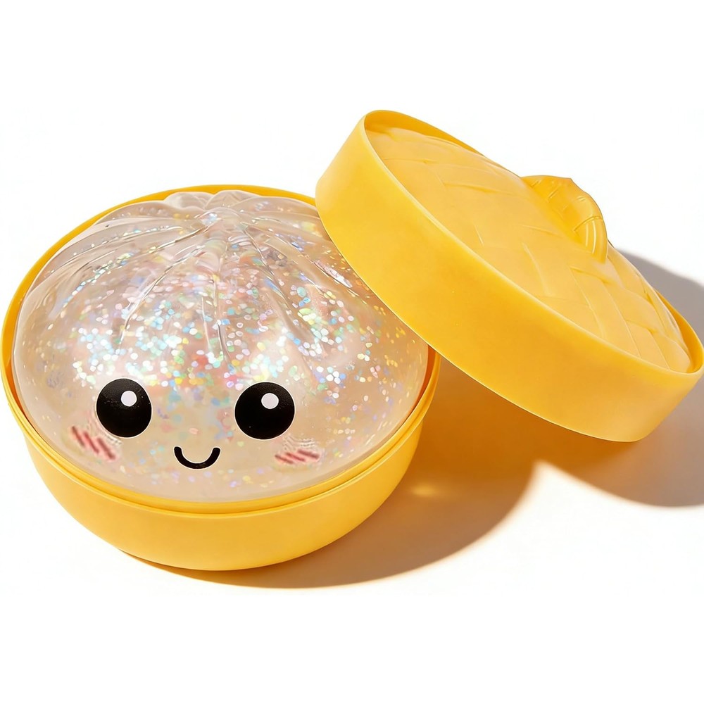 Nimedala Glitter Dumpling Squishy Box front view showing transparent bao bun with glitter inside.