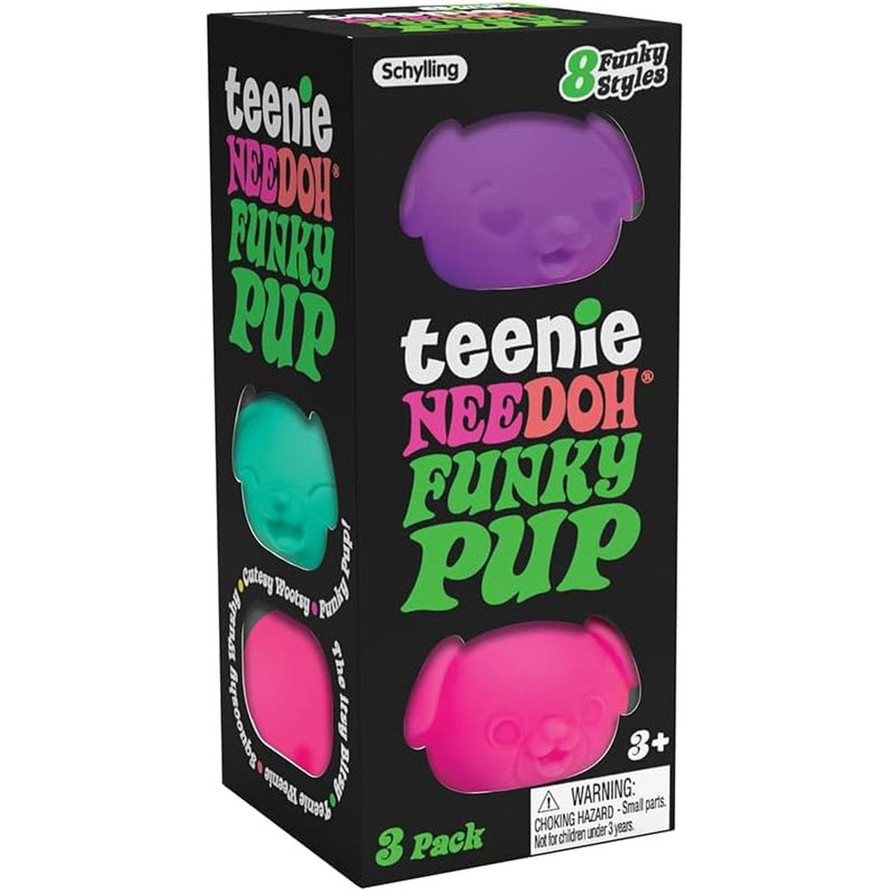 Schylling NeeDoh Teenie Funky Pups front view of three neon sensory squeeze toys