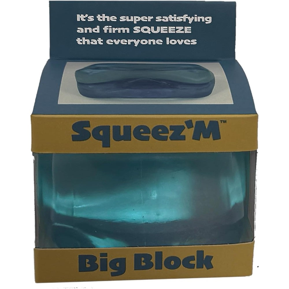 Squeez'M Premium Big Block Cube front view showing the large blue sensory squishy toy for anxiety relief.