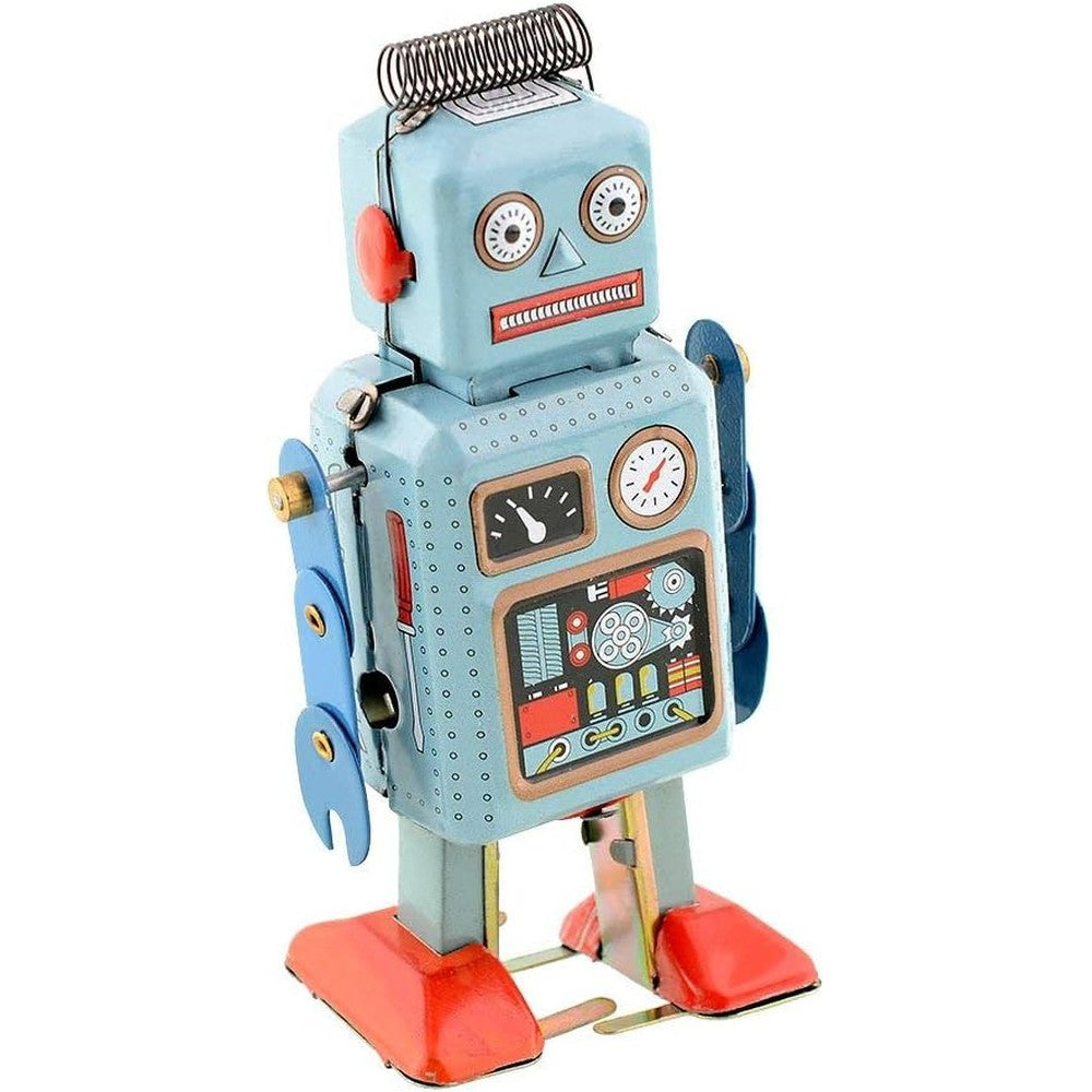 CHIMUYU wind up vintage robot front view showing retro tin metal design