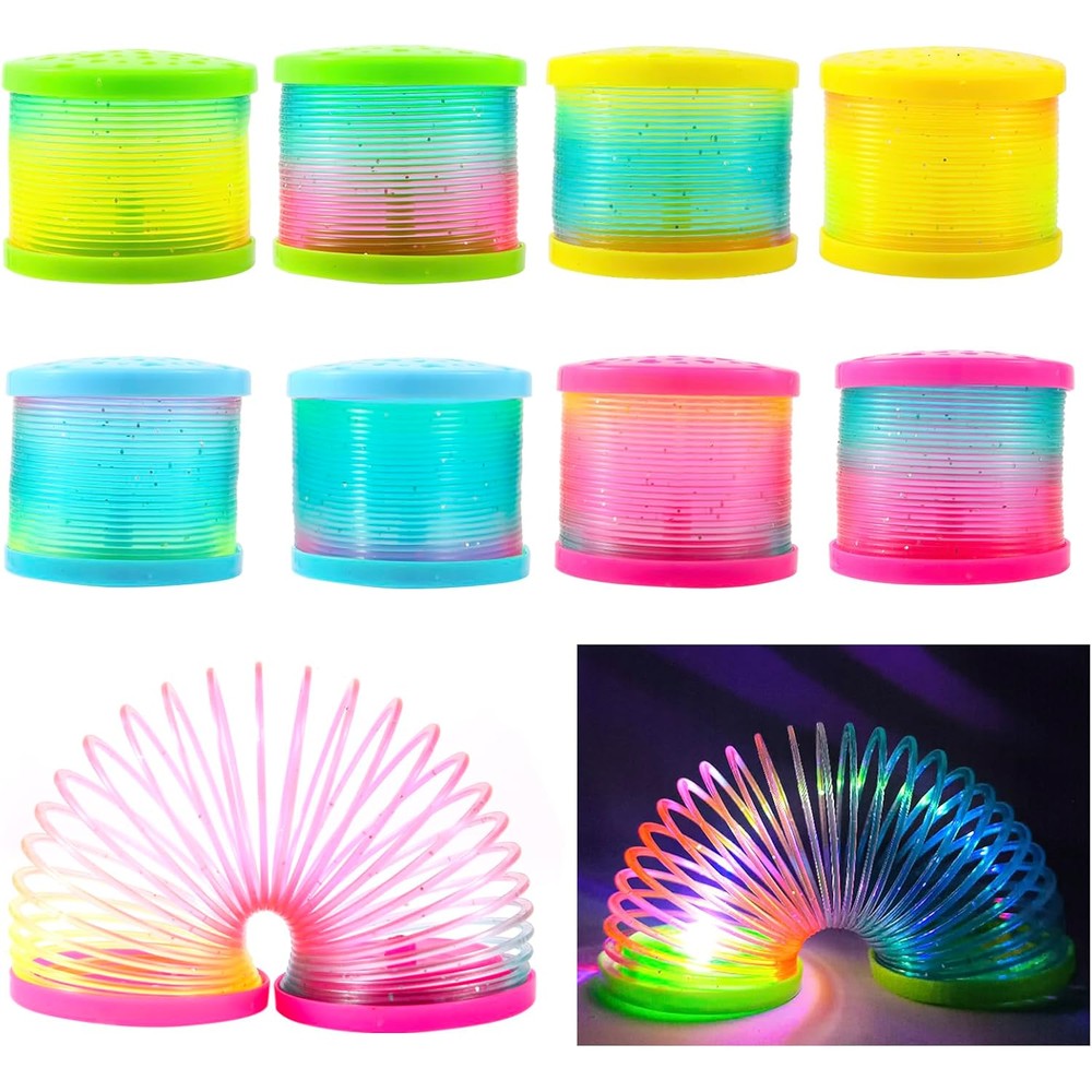 ZJDL glow coil spring toy 8 pack front view displaying vibrant multicolored mini rainbow fidgets.
