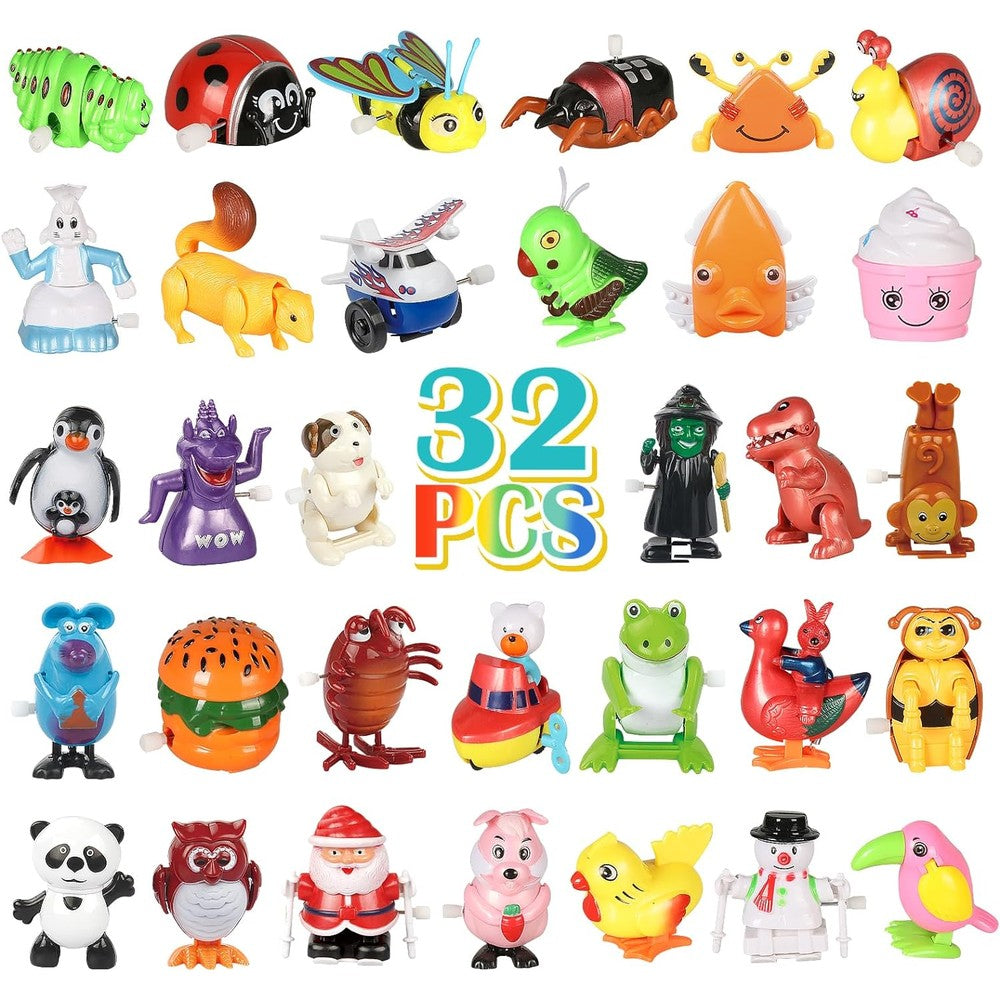 CIUGEO assorted wind up toys bulk pack front view showing thirty two colorful miniature clockwork figures.