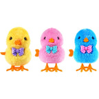 Arcimatto wind up chicken toy three pieces set showing yellow pink and blue plush jumping chicks