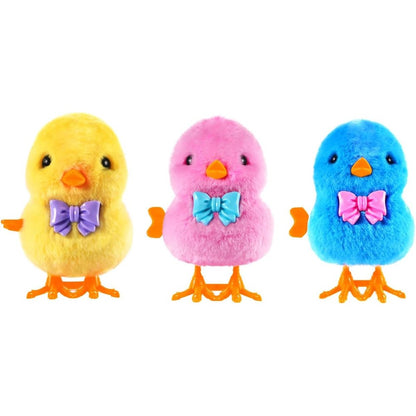 Arcimatto wind up chicken toy three pieces set showing yellow pink and blue plush jumping chicks