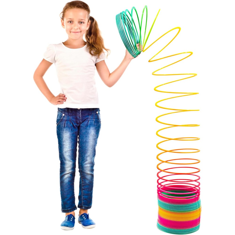 Srenta giant rainbow coil spring toy front view showing the vibrant multi colored six inch plastic coils.