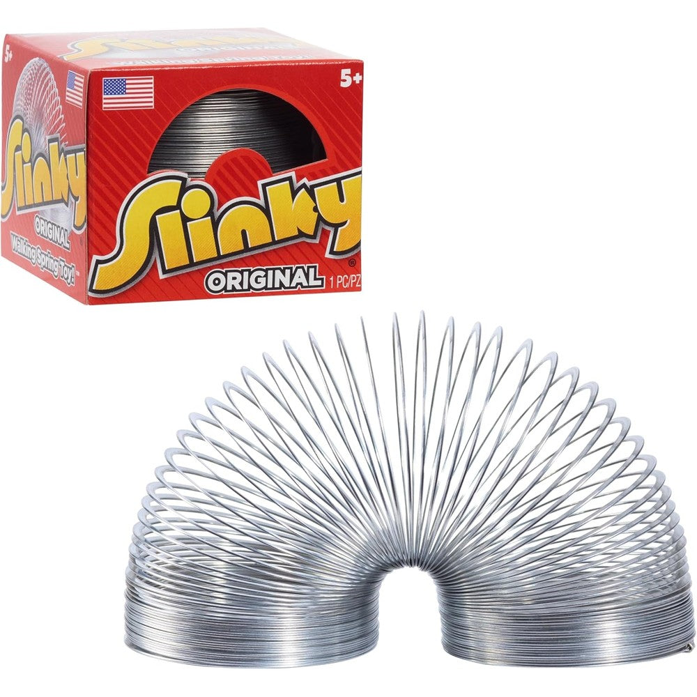 Just Play Original Slinky metal walking spring toy front view in retro box packaging.