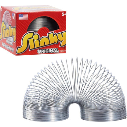 Just Play Original Slinky metal walking spring toy front view in retro box packaging.