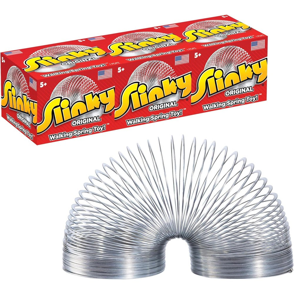 Slinky original walking spring toy three pack front view showing packaging