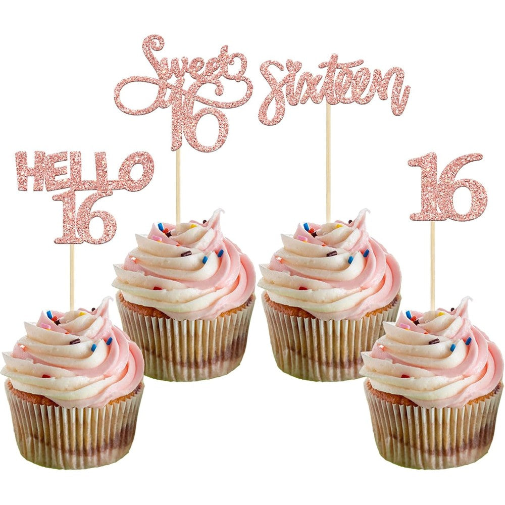 Gyufise 16th birthday rose gold cupcake toppers front view