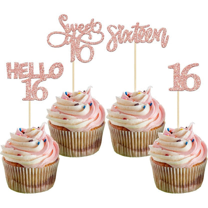 Gyufise 16th birthday rose gold cupcake toppers front view