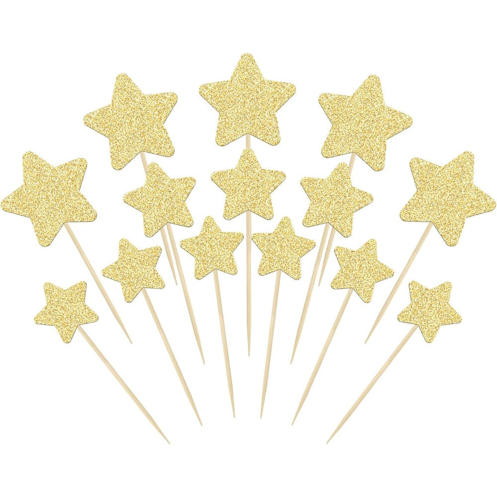Gyufise 42 pieces gold glitter star cupcake toppers set front view