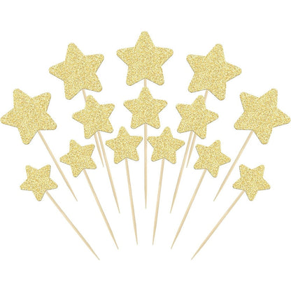 Gyufise 42 pieces gold glitter star cupcake toppers set front view