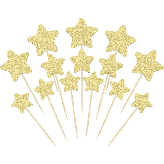 Gyufise 42 pieces gold glitter star cupcake toppers set front view