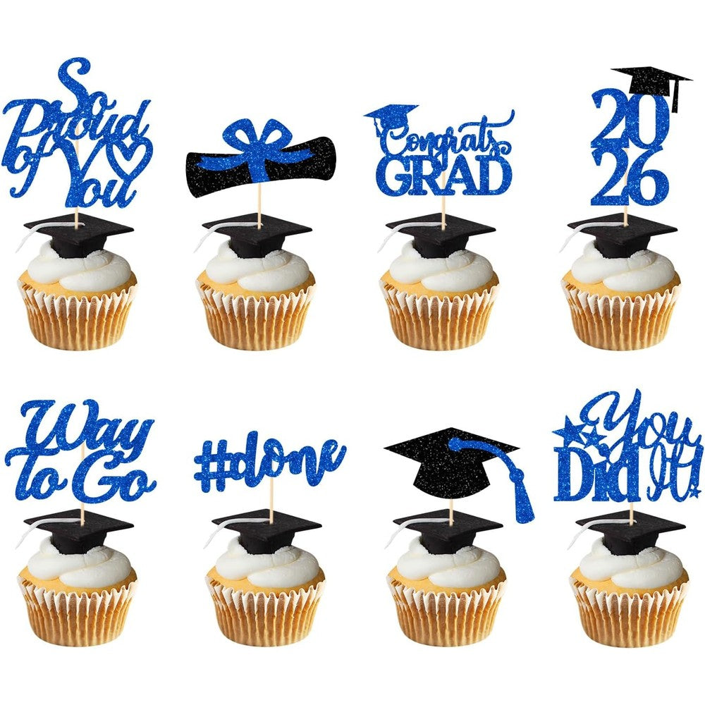 Deneo Class of 2026 graduation cupcake toppers blue black front view