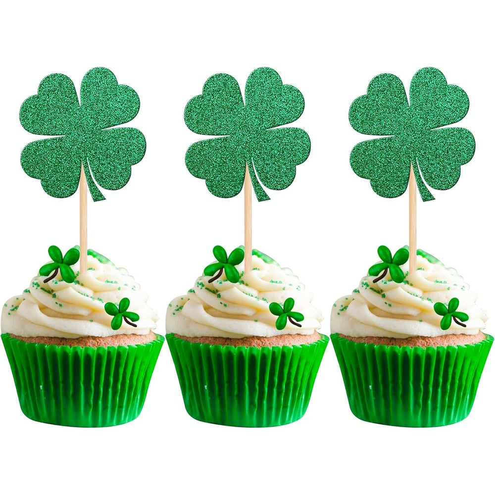 Zhuoweism green glitter clover cupcake toppers front view