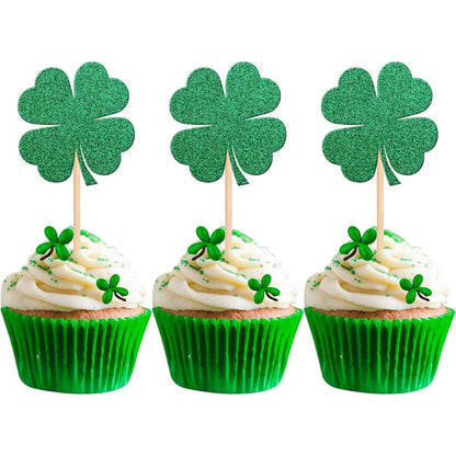 Zhuoweism green glitter clover cupcake toppers front view