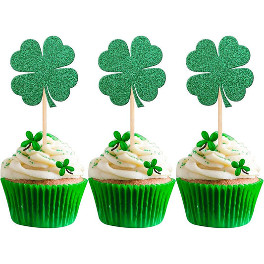 Zhuoweism green glitter clover cupcake toppers front view