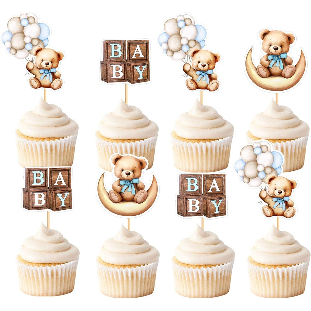 Cyodoos 36 piece blue bear cupcake toppers front view