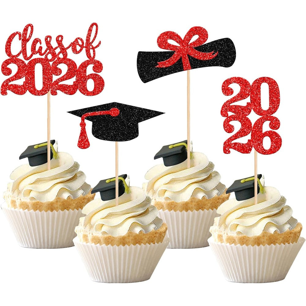 Zhuoweism 2026 graduation cupcake toppers front view with glitter finish.