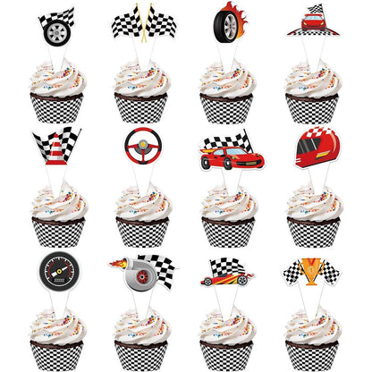 Hxezoc 48 pack race car cupcake toppers and wrappers front view