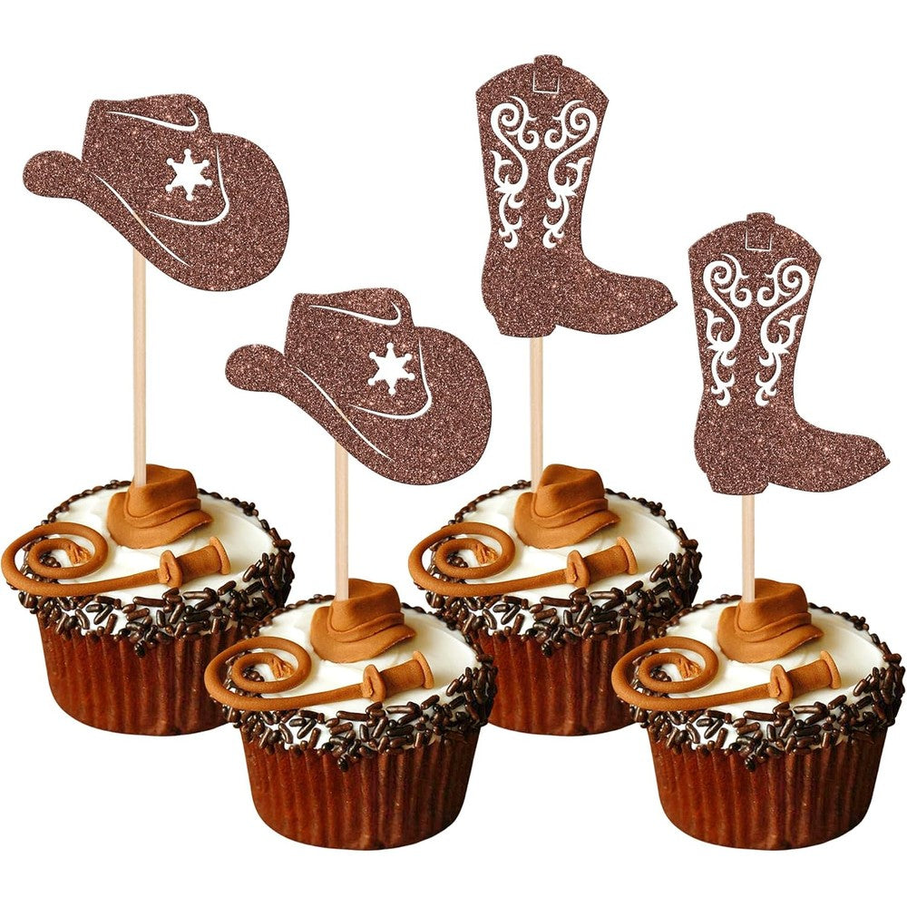 Zhuoweism cowboy cupcake toppers front view with glitter cowboy hat and boot designs.