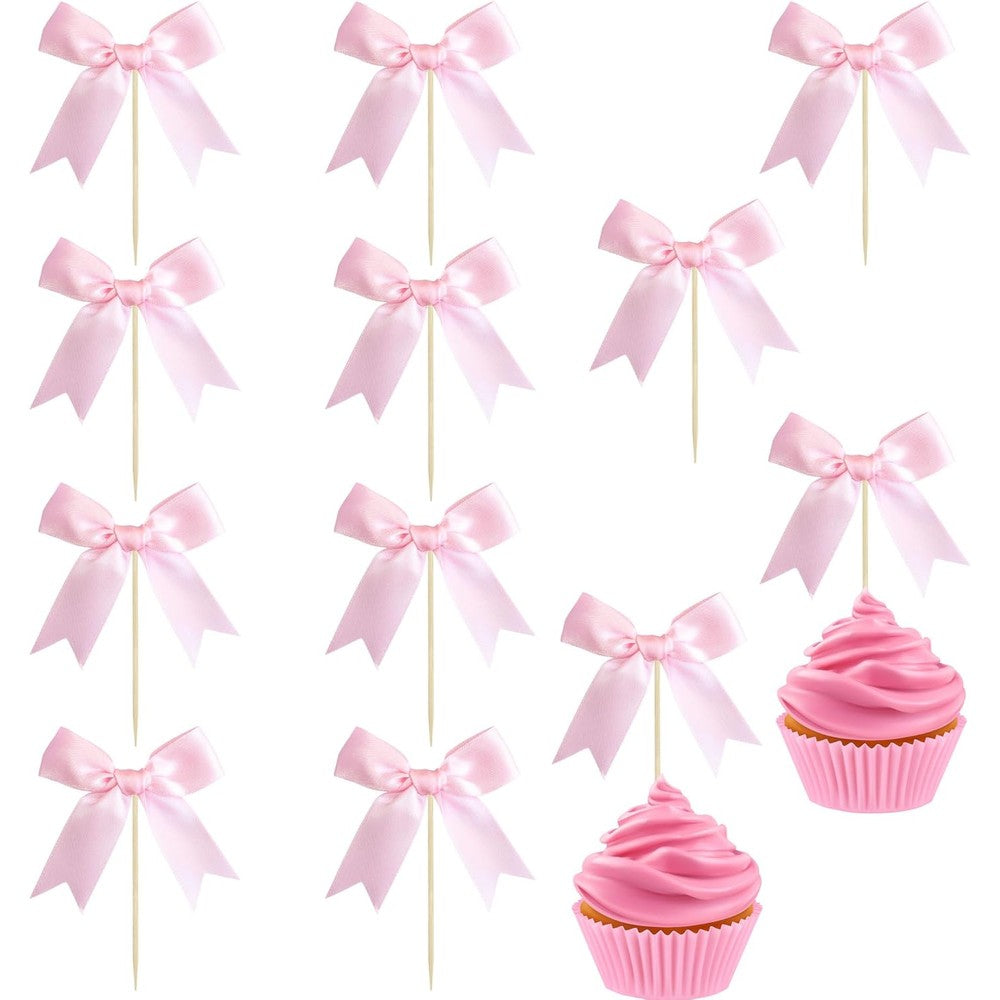 Ephlyn 24 piece pink bow cupcake toppers set front view