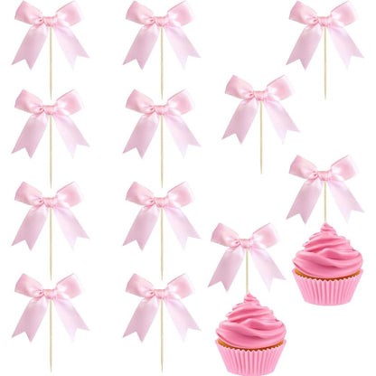 Ephlyn 24 piece pink bow cupcake toppers set front view