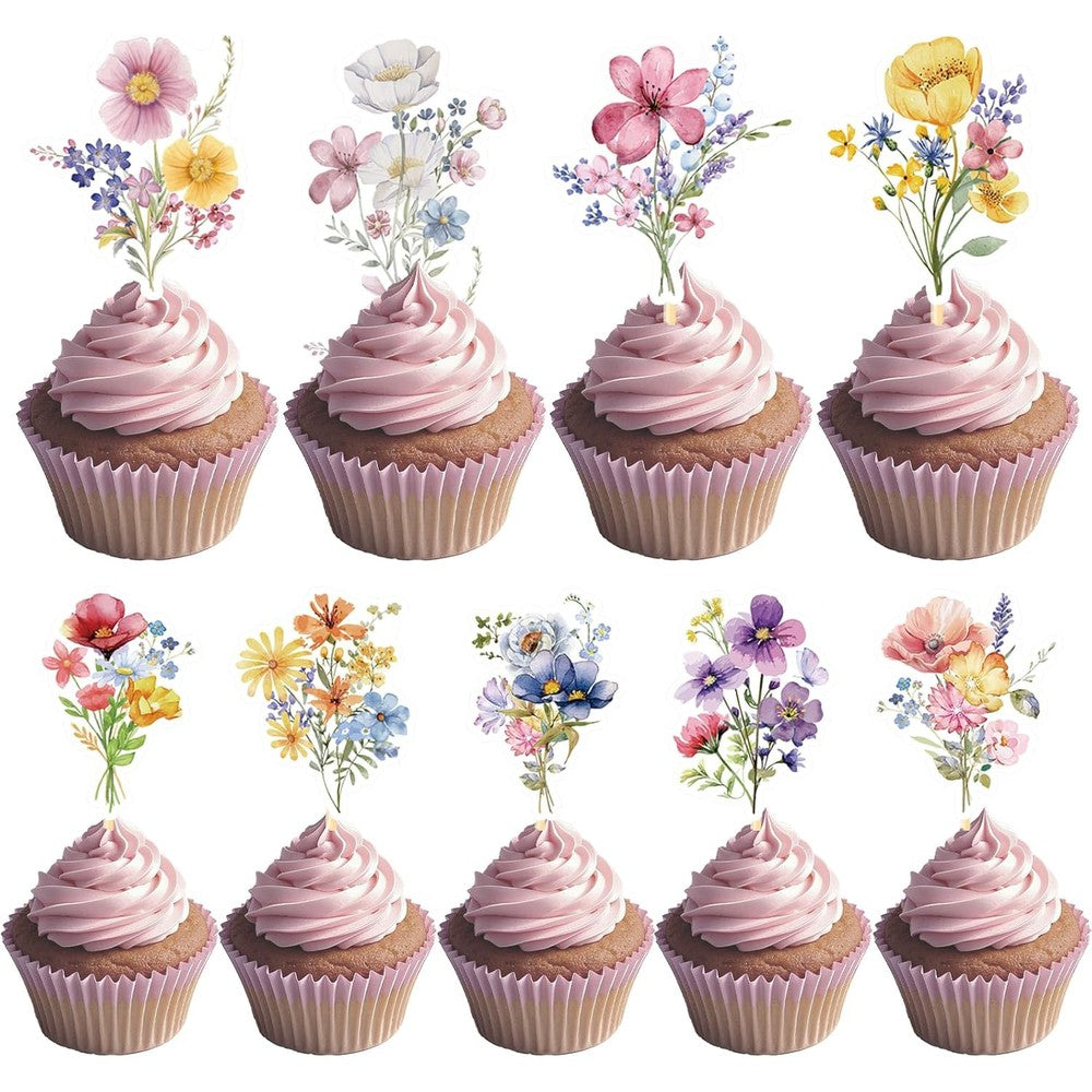 Deorfuy Wildflower birthday party cupcake toppers front view