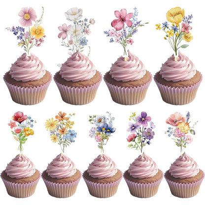 Deorfuy Wildflower birthday party cupcake toppers front view