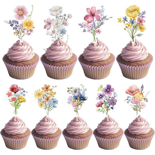 Deorfuy Wildflower birthday party cupcake toppers front view