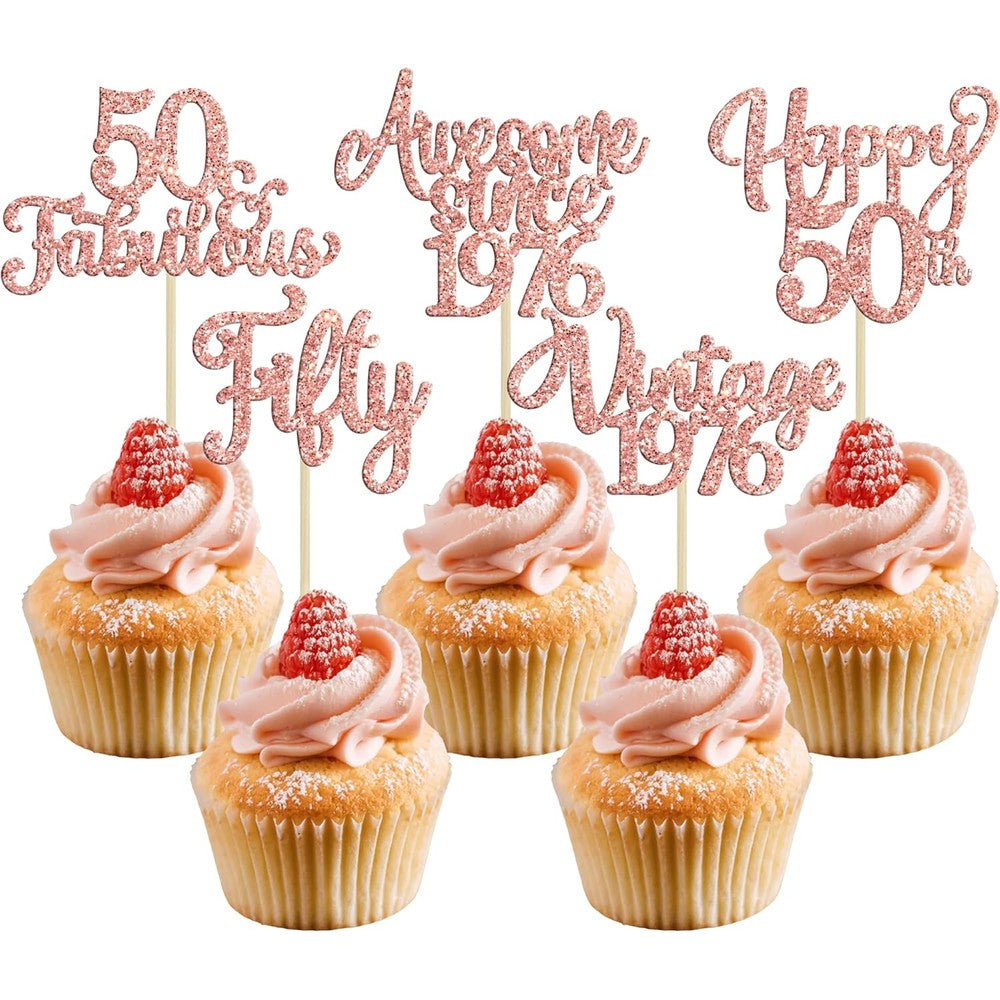 Ephlyn rose gold 50th birthday cupcake toppers front view