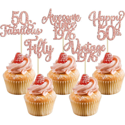 Ephlyn rose gold 50th birthday cupcake toppers front view