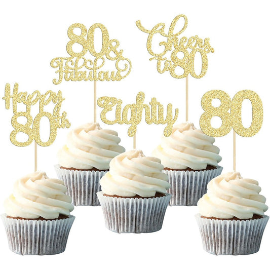 Ephlyn 80th birthday gold glitter cupcake toppers front view
