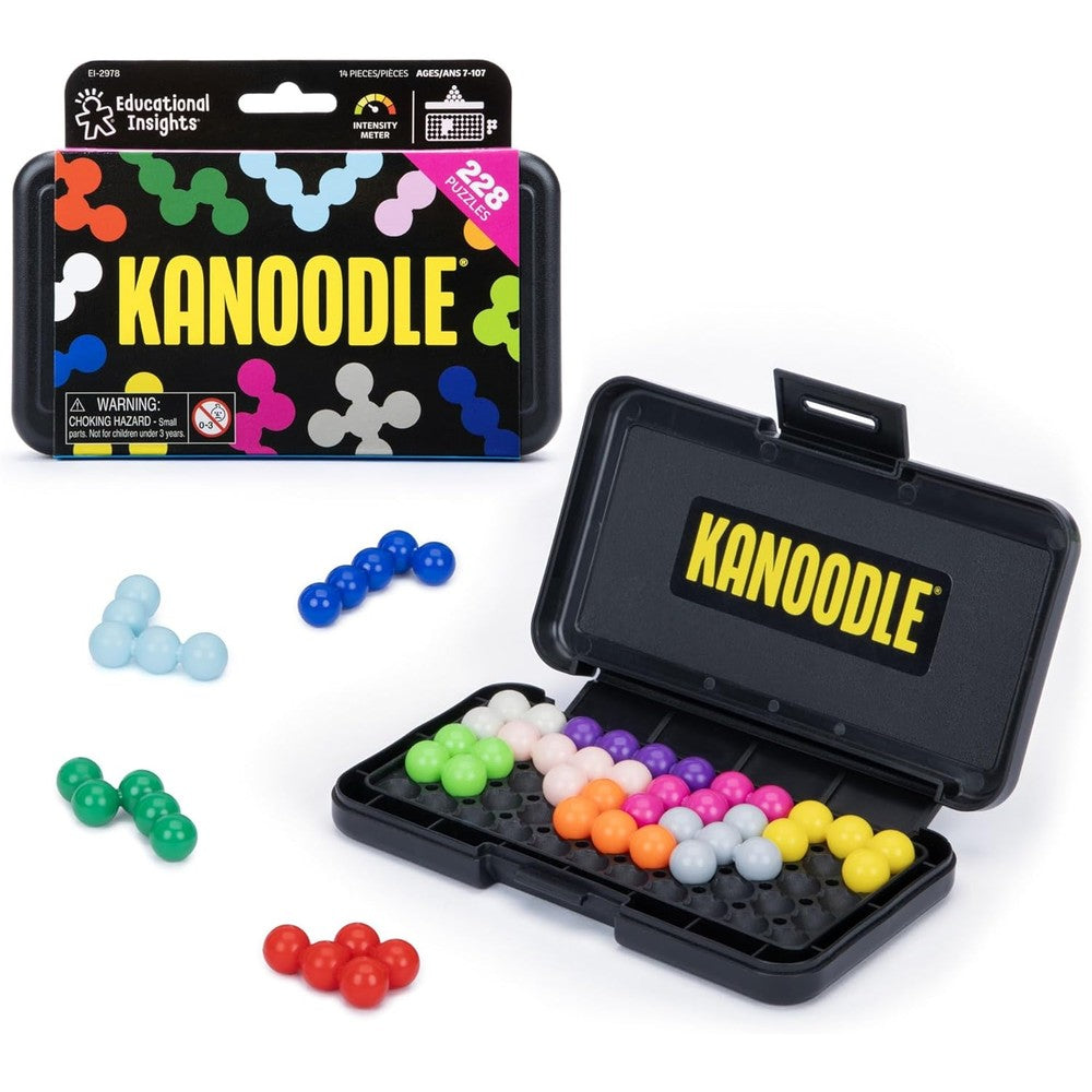 Educational Insights Kanoodle 3D brain teaser puzzle front view open case showcasing colorful pieces and challenge board.