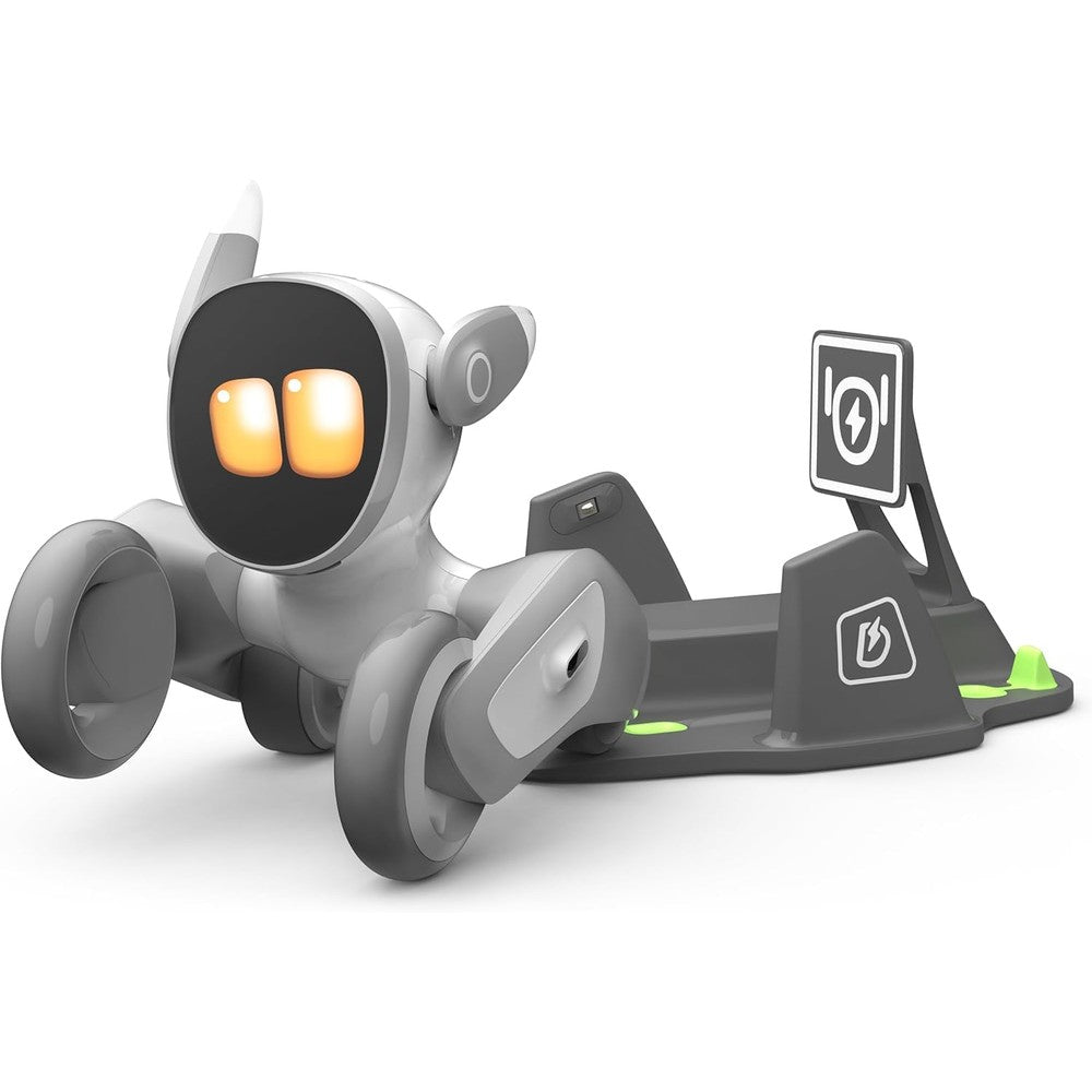 Loona smart AI robot pet dog front view with charging dock