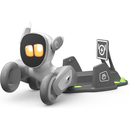 Loona smart AI robot pet dog front view with charging dock