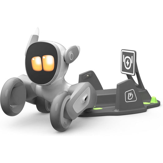 Loona smart AI robot pet dog front view with charging dock