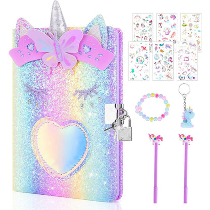 Homicozy unicorn diary with lock front view showing glitter cover