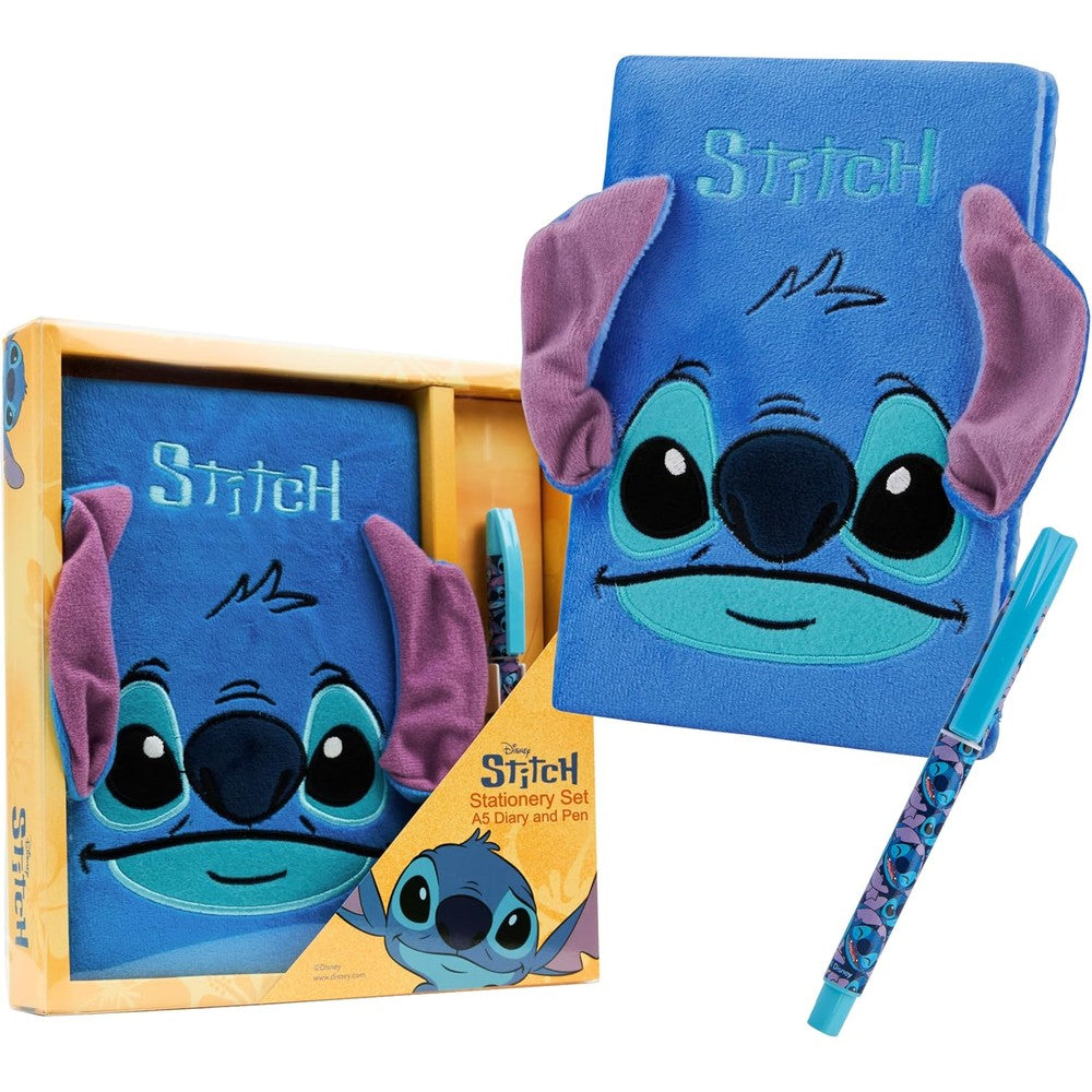 Disney Stitch fluffy A5 notebook and pen stationery set front view