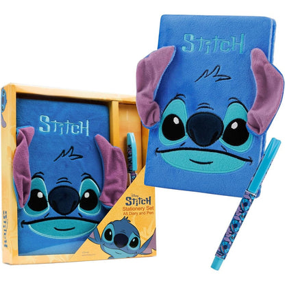 Disney Stitch fluffy A5 notebook and pen stationery set front view