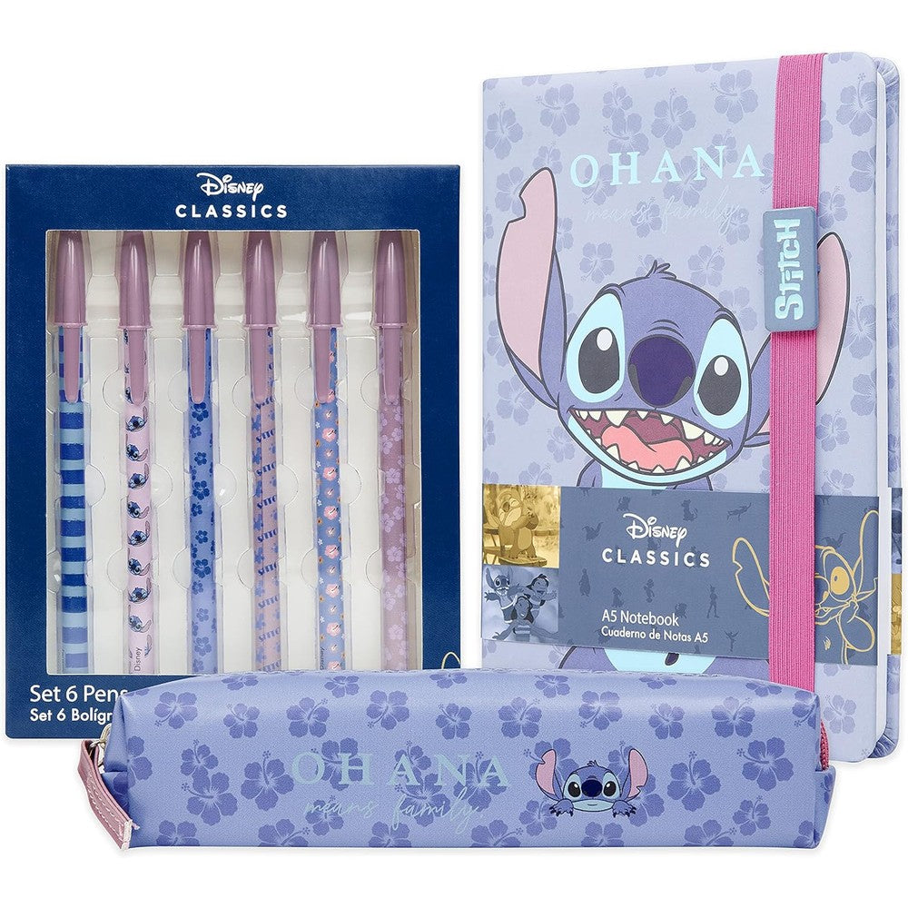 Disney Stitch stationery supplies set front view featuring notebook and pencil case.